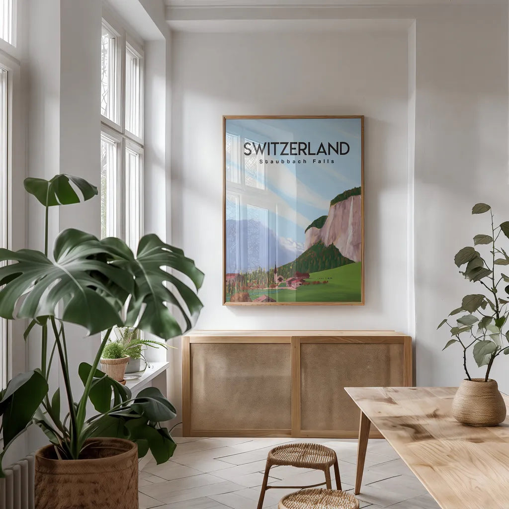 Swiss Alps by Omar Escalante. shown as a print in a natural wood frame in a dining room. Available as a archival giclee rolled canvas, fine art paper, or poster print. SKU 75834h.