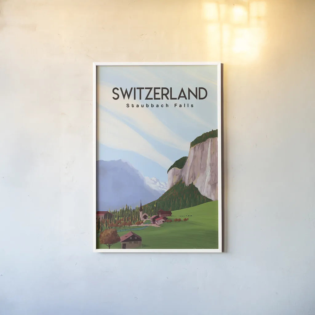 Swiss Alps by Omar Escalante. shown as a paper print in a white frame. Available as a archival giclee rolled canvas, fine art paper, or poster print. SKU 75834h.
