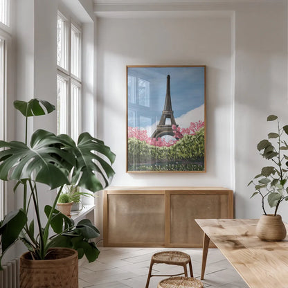 Take Me to Paris by Omar Escalante. shown as a print in a natural wood frame in a dining room. Available as a archival giclee rolled canvas, fine art paper, or poster print. SKU 75986h.