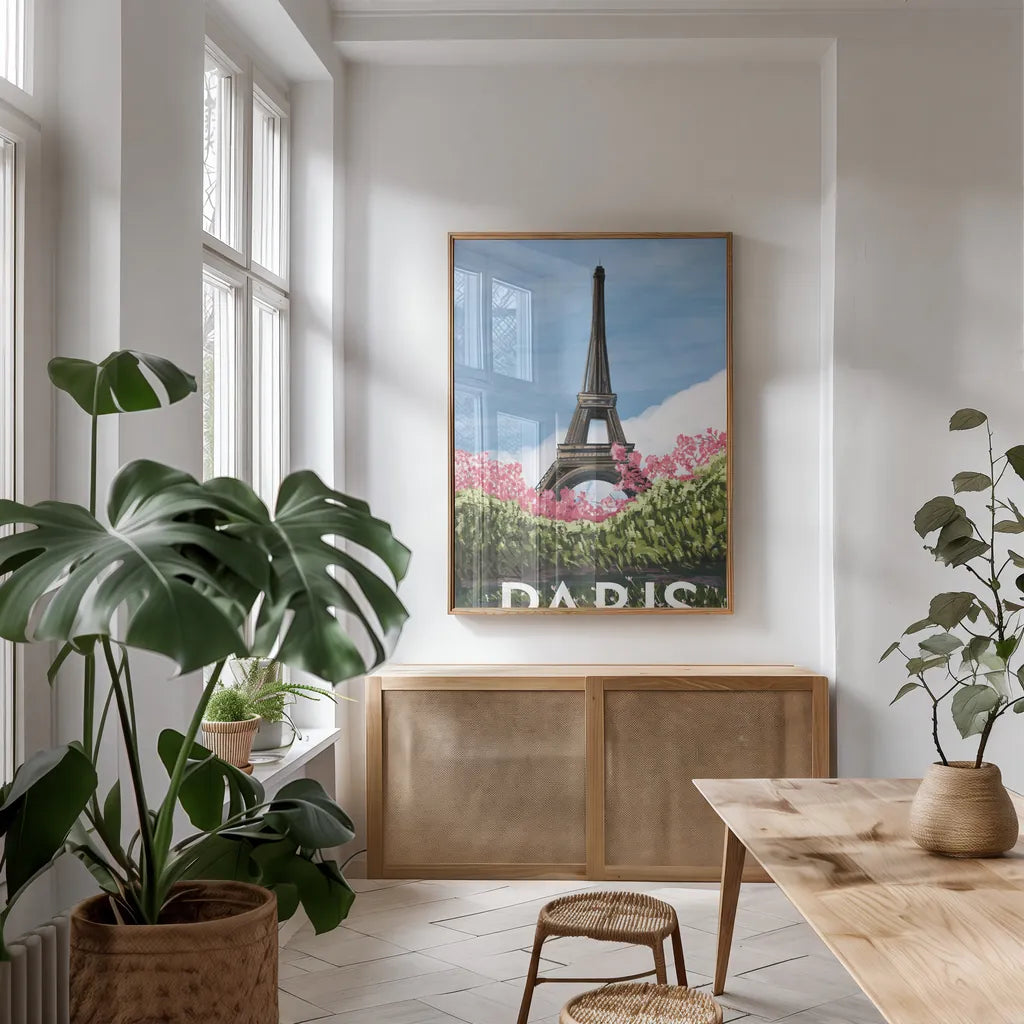 Take Me to Paris II by Omar Escalante. shown as a print in a natural wood frame in a dining room. Available as a archival giclee rolled canvas, fine art paper, or poster print. SKU 75994h.