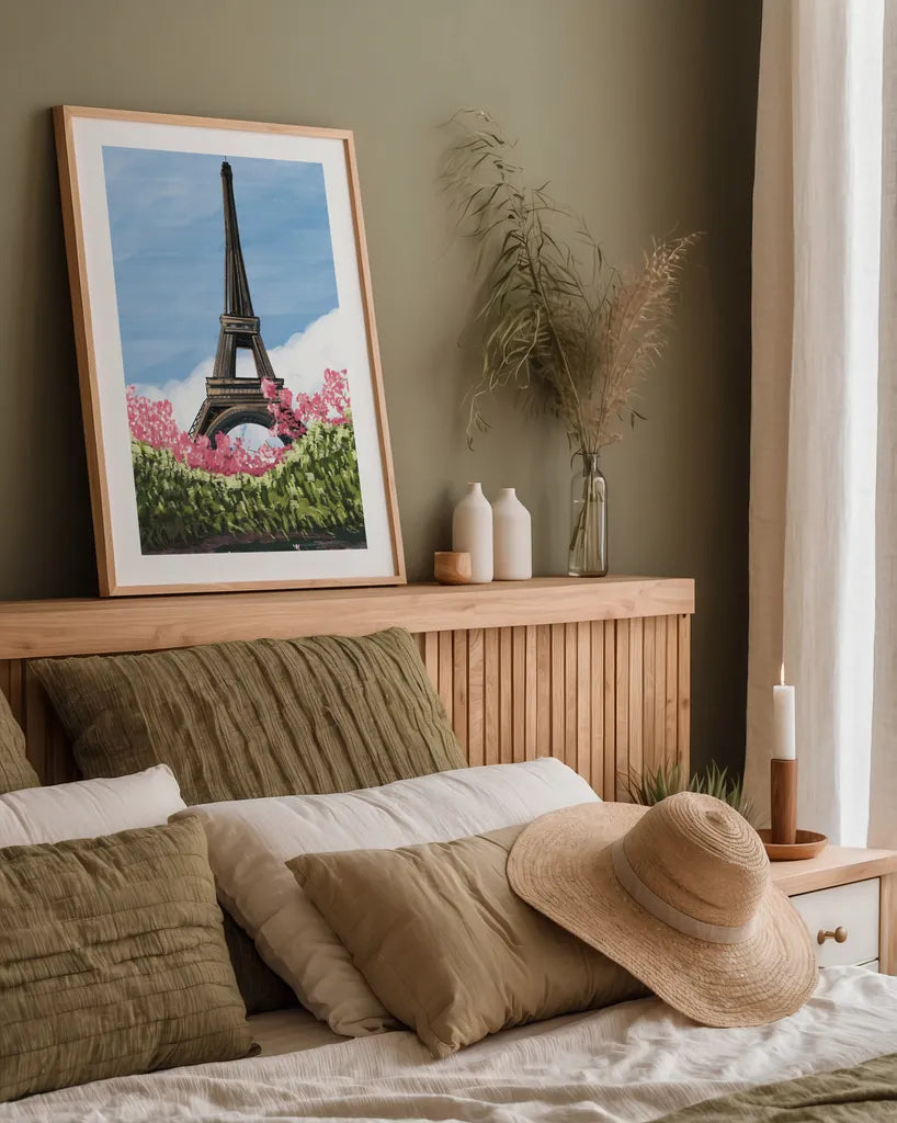 Take Me to Paris II by Omar Escalante. shown as a paper print in a natural frame. Available as a archival giclee rolled canvas, fine art paper, or poster print. SKU 75994h.