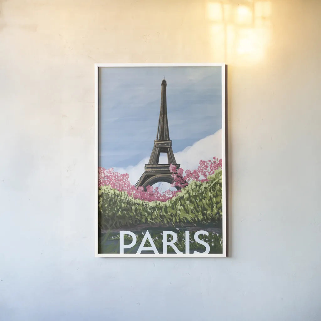 Take Me to Paris II by Omar Escalante. shown as a paper print in a white frame. Available as a archival giclee rolled canvas, fine art paper, or poster print. SKU 75994h.
