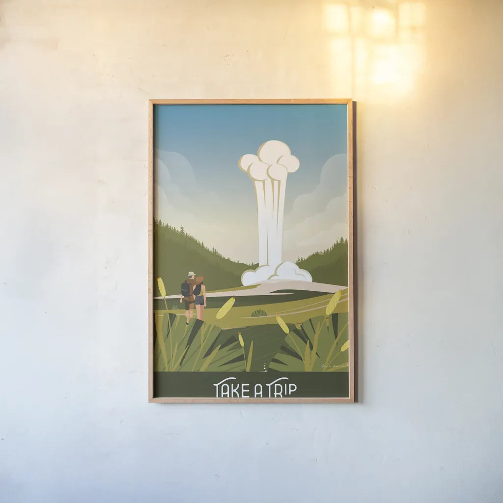 Take a Trip by Omar Escalante. shown as a paper print in a natural frame. Available as a archival giclee rolled canvas, fine art paper, or poster print. SKU 65931h.