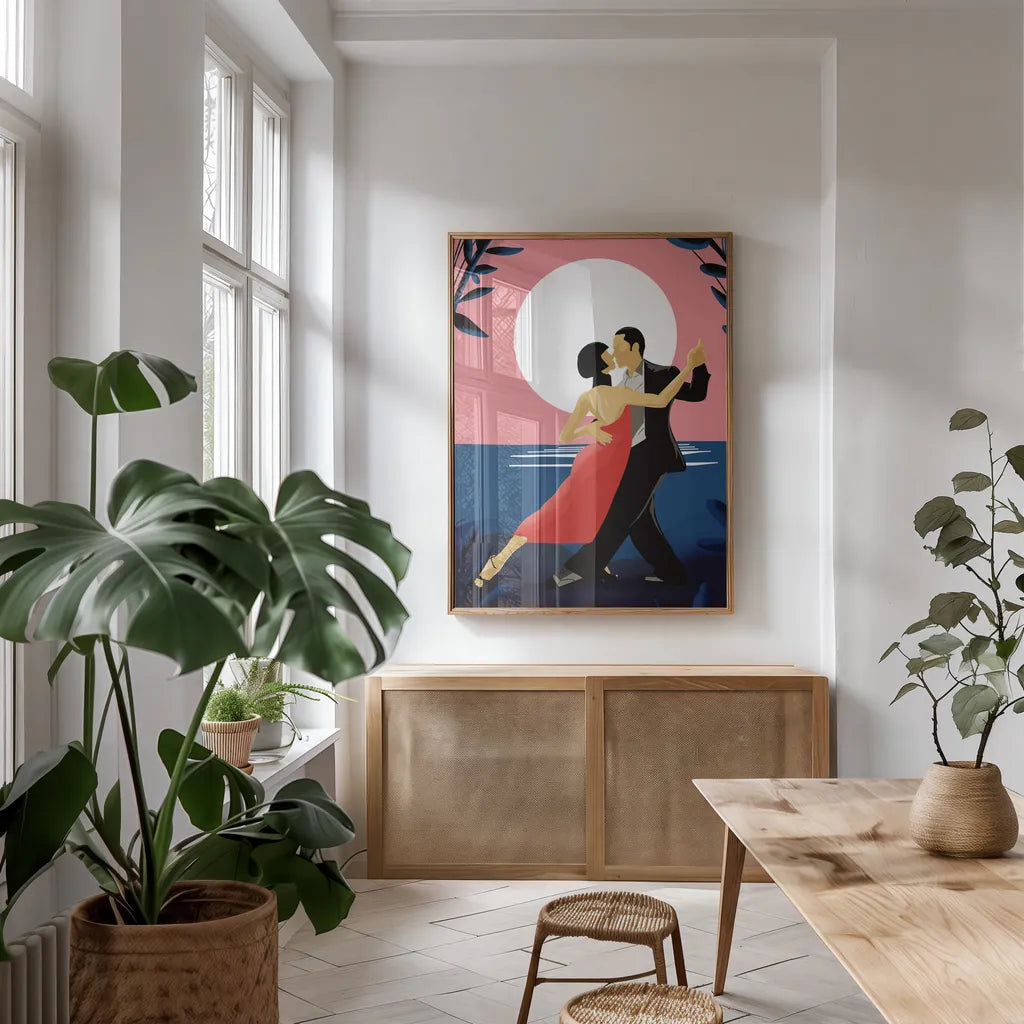 Tango by Omar Escalante. shown as a print in a natural wood frame in a dining room. Available as a archival giclee rolled canvas, fine art paper, or poster print. SKU 71460h.