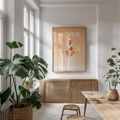 Tropical Drink by Omar Escalante. shown as a print in a natural wood frame in a dining room. Available as a archival giclee rolled canvas, fine art paper, or poster print. SKU 82562h.