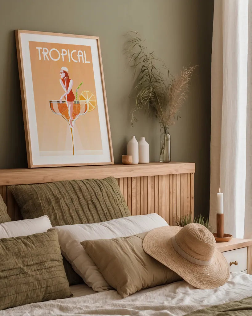 Tropical Drink by Omar Escalante. shown as a paper print in a natural frame. Available as a archival giclee rolled canvas, fine art paper, or poster print. SKU 82562h.
