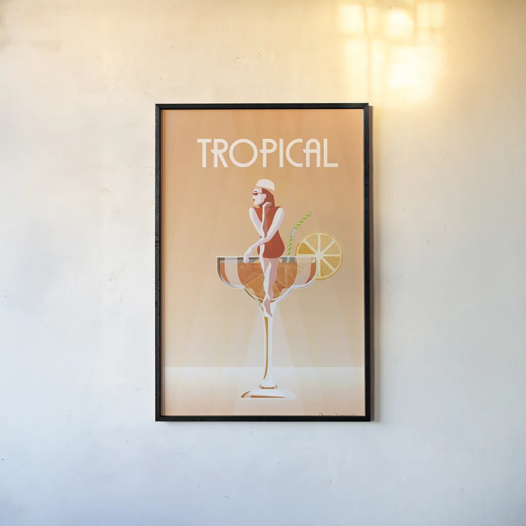 Tropical Drink by Omar Escalante. shown as a paper print in a black flame. Available as a archival giclee rolled canvas, fine art paper, or poster print. SKU 82562h.