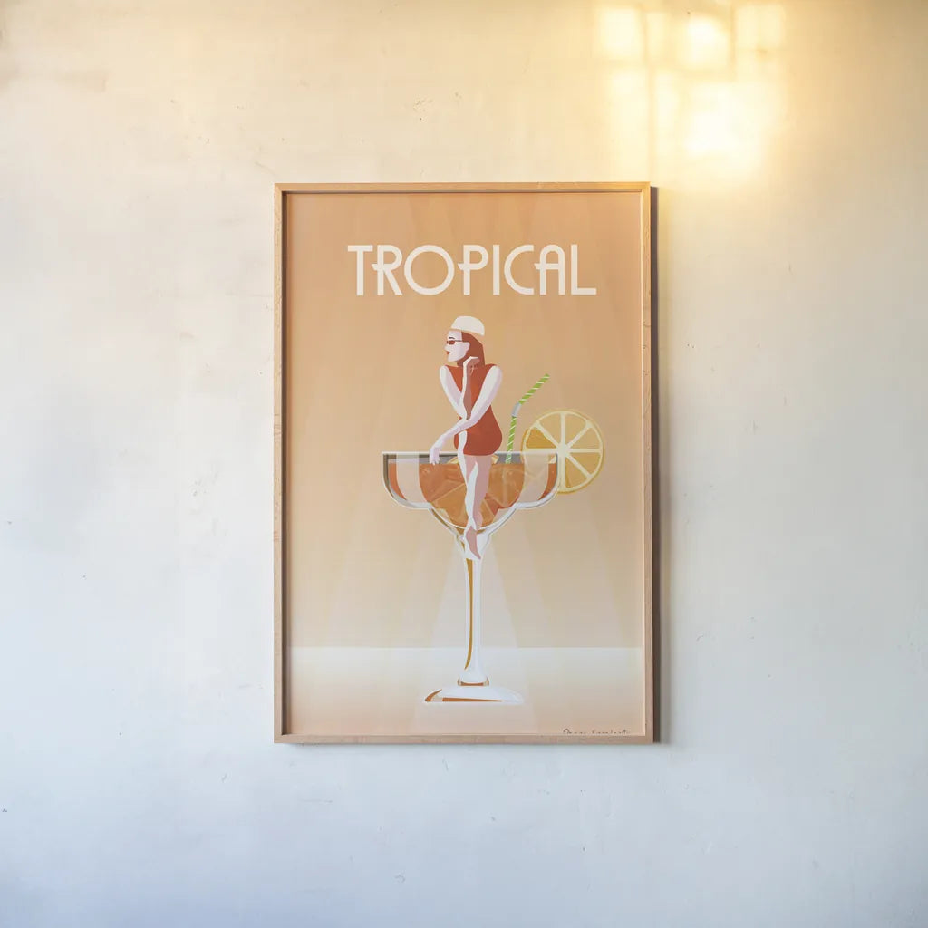 Tropical Drink by Omar Escalante. shown as a paper print in a natural frame. Available as a archival giclee rolled canvas, fine art paper, or poster print. SKU 82562h.