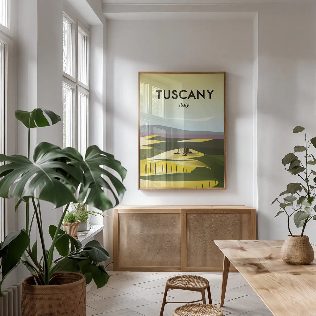 Tuscany by Omar Escalante. shown as a print in a natural wood frame in a dining room. Available as a archival giclee rolled canvas, fine art paper, or poster print. SKU 62774h.