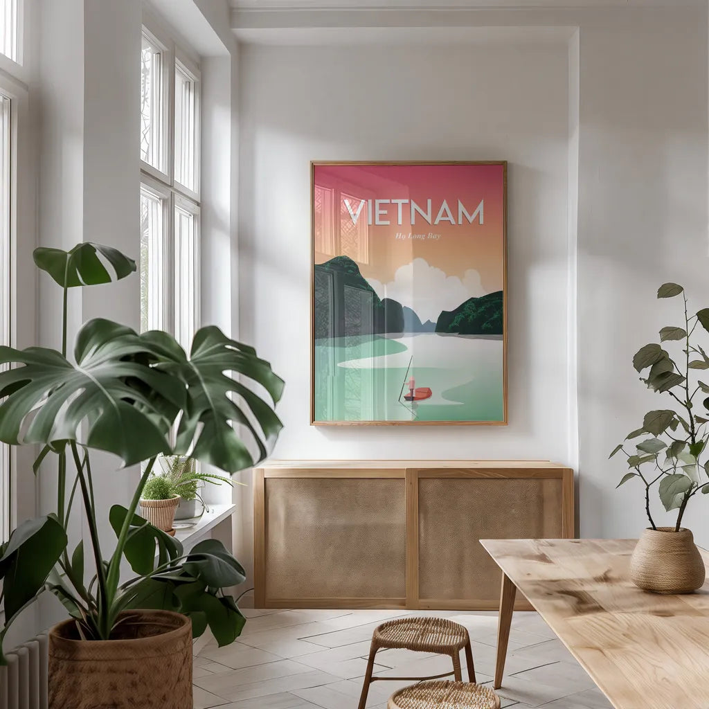 Vietnam Ha Long Bay by Omar Escalante. shown as a print in a natural wood frame in a dining room. Available as a archival giclee rolled canvas, fine art paper, or poster print. SKU 66862h.