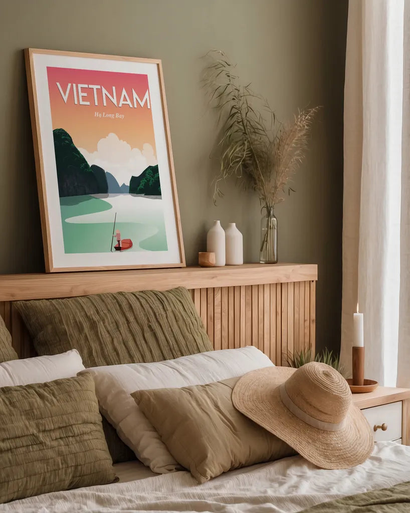 Vietnam Ha Long Bay by Omar Escalante. shown as a paper print in a natural frame. Available as a archival giclee rolled canvas, fine art paper, or poster print. SKU 66862h.