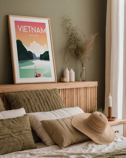Vietnam Ha Long Bay by Omar Escalante. shown as a paper print in a natural frame. Available as a archival giclee rolled canvas, fine art paper, or poster print. SKU 66862h.