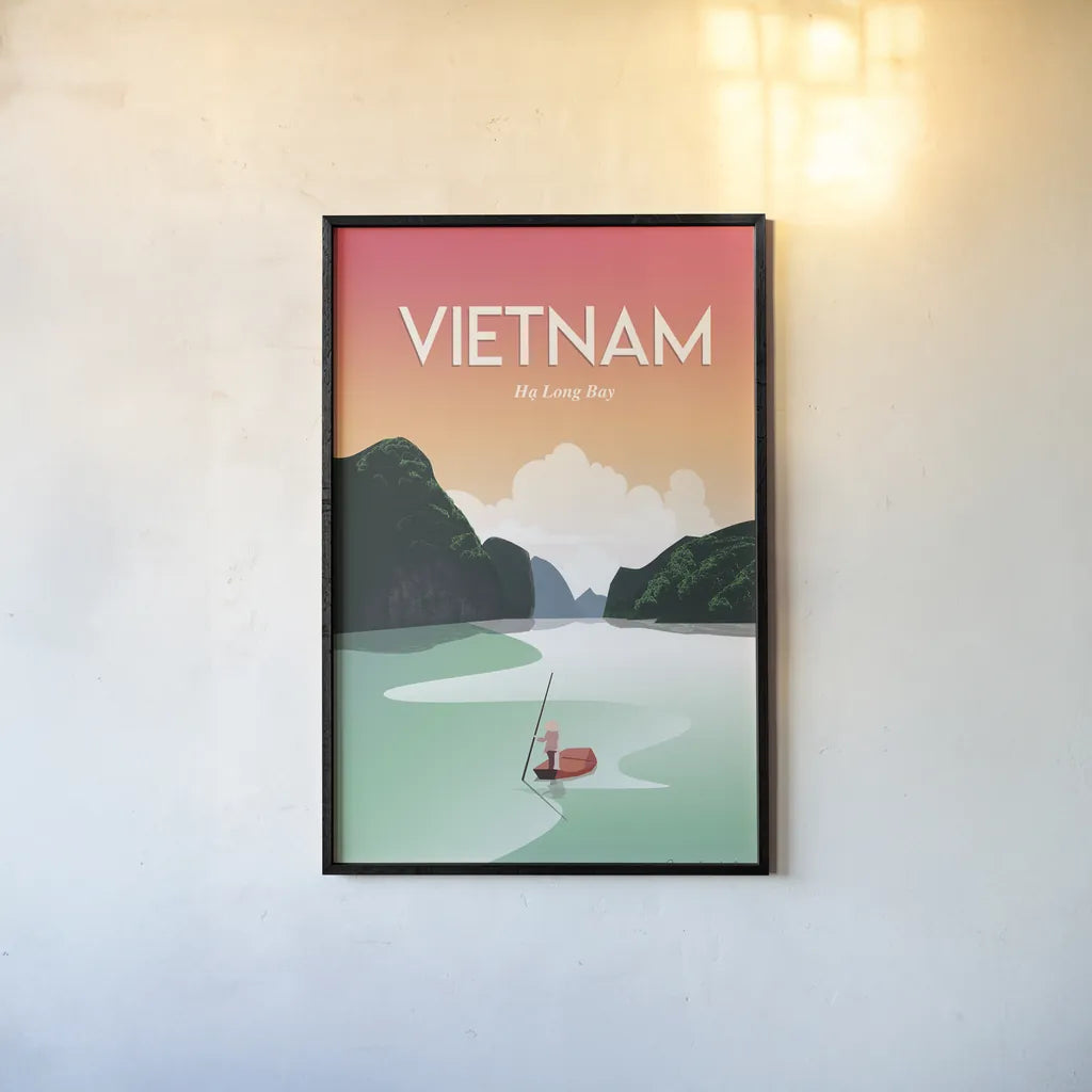 Vietnam Ha Long Bay by Omar Escalante. shown as a paper print in a black flame. Available as a archival giclee rolled canvas, fine art paper, or poster print. SKU 66862h.