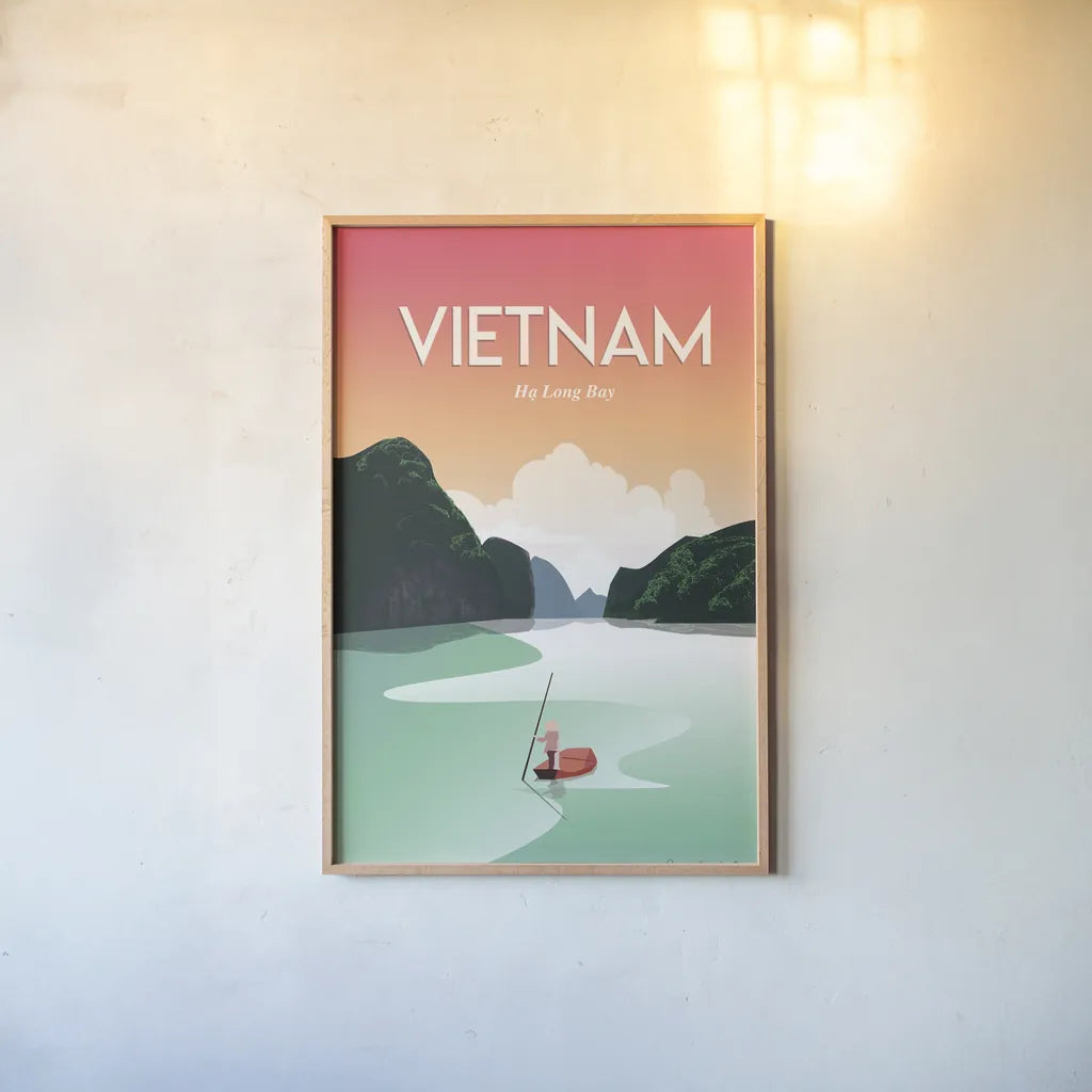 Vietnam Ha Long Bay by Omar Escalante. shown as a paper print in a natural frame. Available as a archival giclee rolled canvas, fine art paper, or poster print. SKU 66862h.