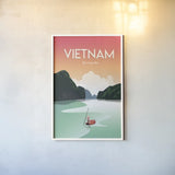Vietnam Ha Long Bay by Omar Escalante. shown as a paper print in a white frame. Available as a archival giclee rolled canvas, fine art paper, or poster print. SKU 66862h.