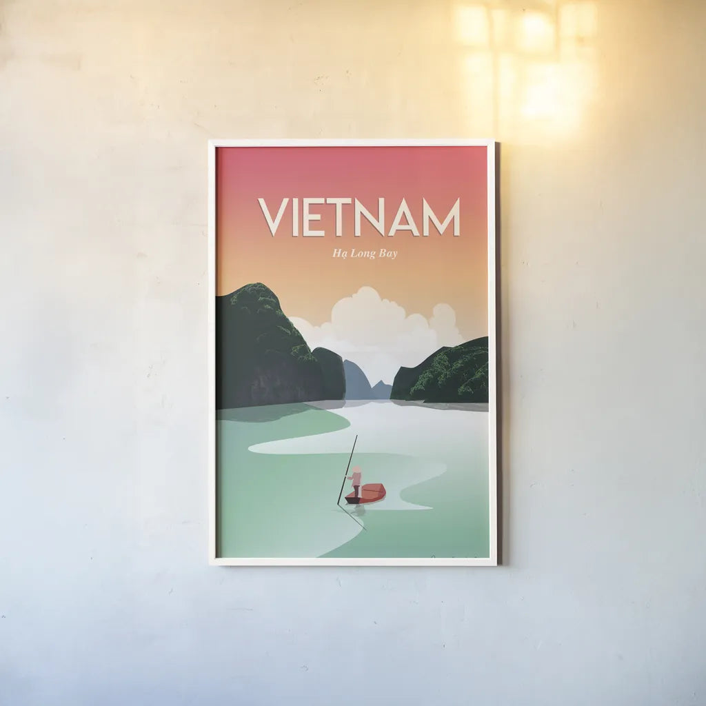 Vietnam Ha Long Bay by Omar Escalante. shown as a paper print in a white frame. Available as a archival giclee rolled canvas, fine art paper, or poster print. SKU 66862h.