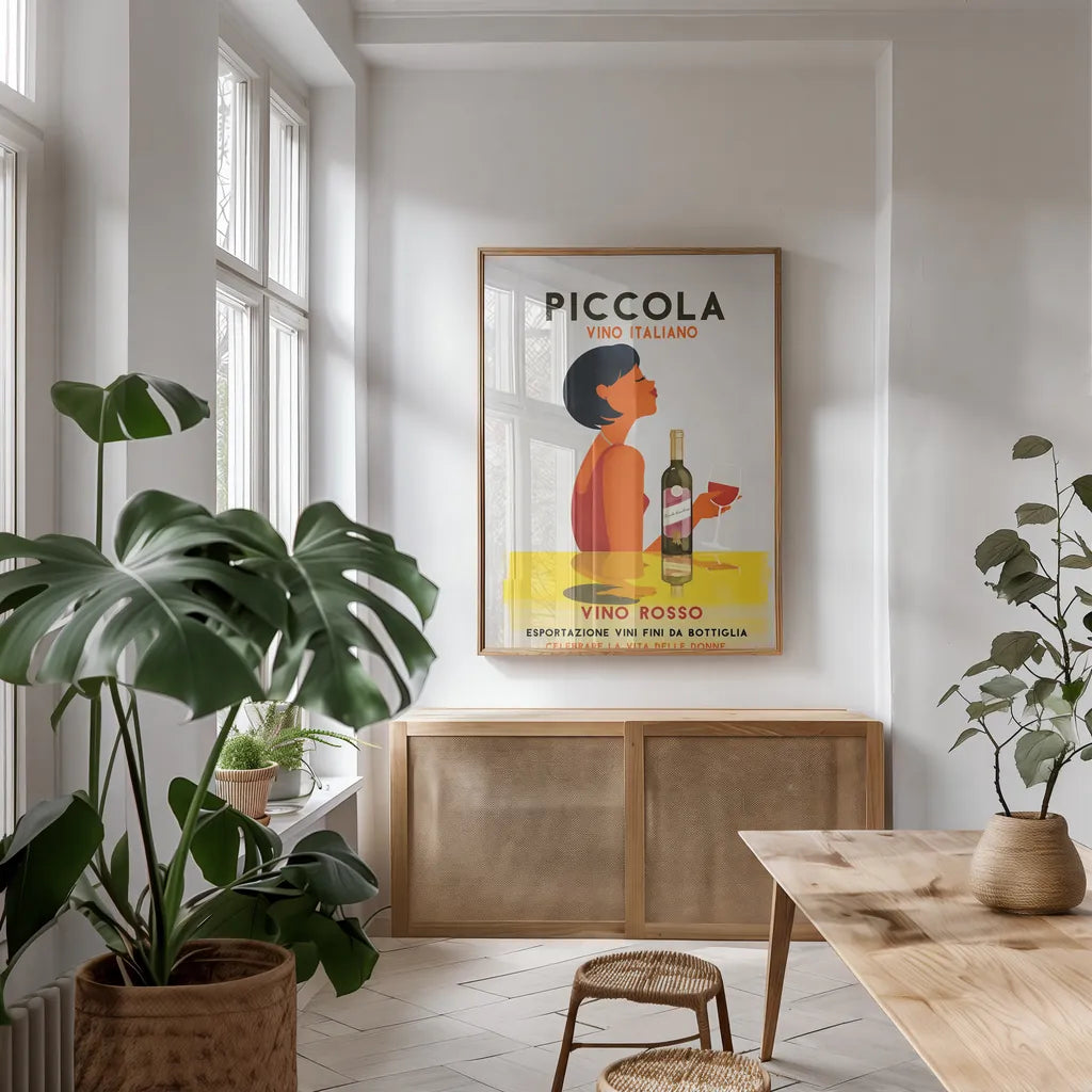 Vino Rosso I by Omar Escalante. shown as a print in a natural wood frame in a dining room. Available as a archival giclee rolled canvas, fine art paper, or poster print. SKU 74126h.