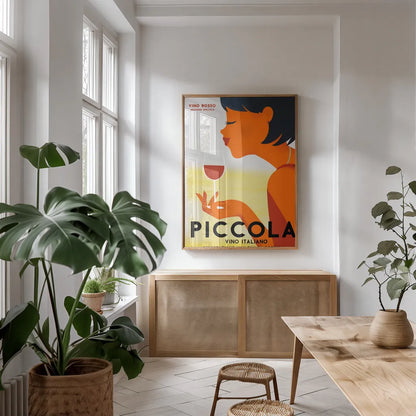 Vino Rosso II by Omar Escalante. shown as a print in a natural wood frame in a dining room. Available as a archival giclee rolled canvas, fine art paper, or poster print. SKU 74127h.
