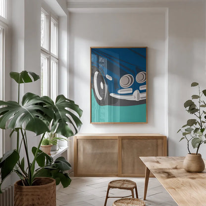 Vintage Car I by Omar Escalante. shown as a print in a natural wood frame in a dining room. Available as a archival giclee rolled canvas, fine art paper, or poster print. SKU 66172h.