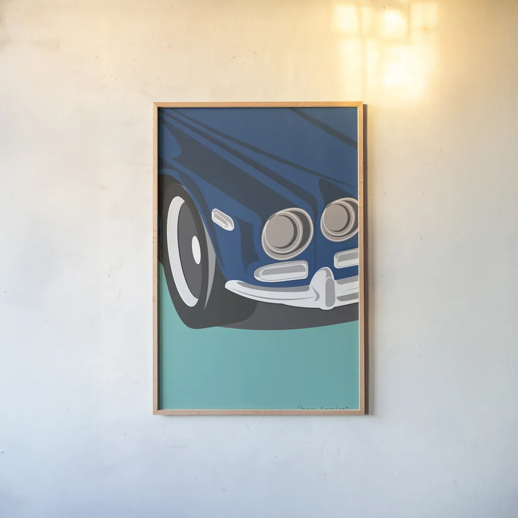 Vintage Car I by Omar Escalante. shown as a paper print in a natural frame. Available as a archival giclee rolled canvas, fine art paper, or poster print. SKU 66172h.