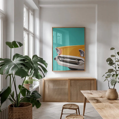 Vintage Car II by Omar Escalante. shown as a print in a natural wood frame in a dining room. Available as a archival giclee rolled canvas, fine art paper, or poster print. SKU 66173h.
