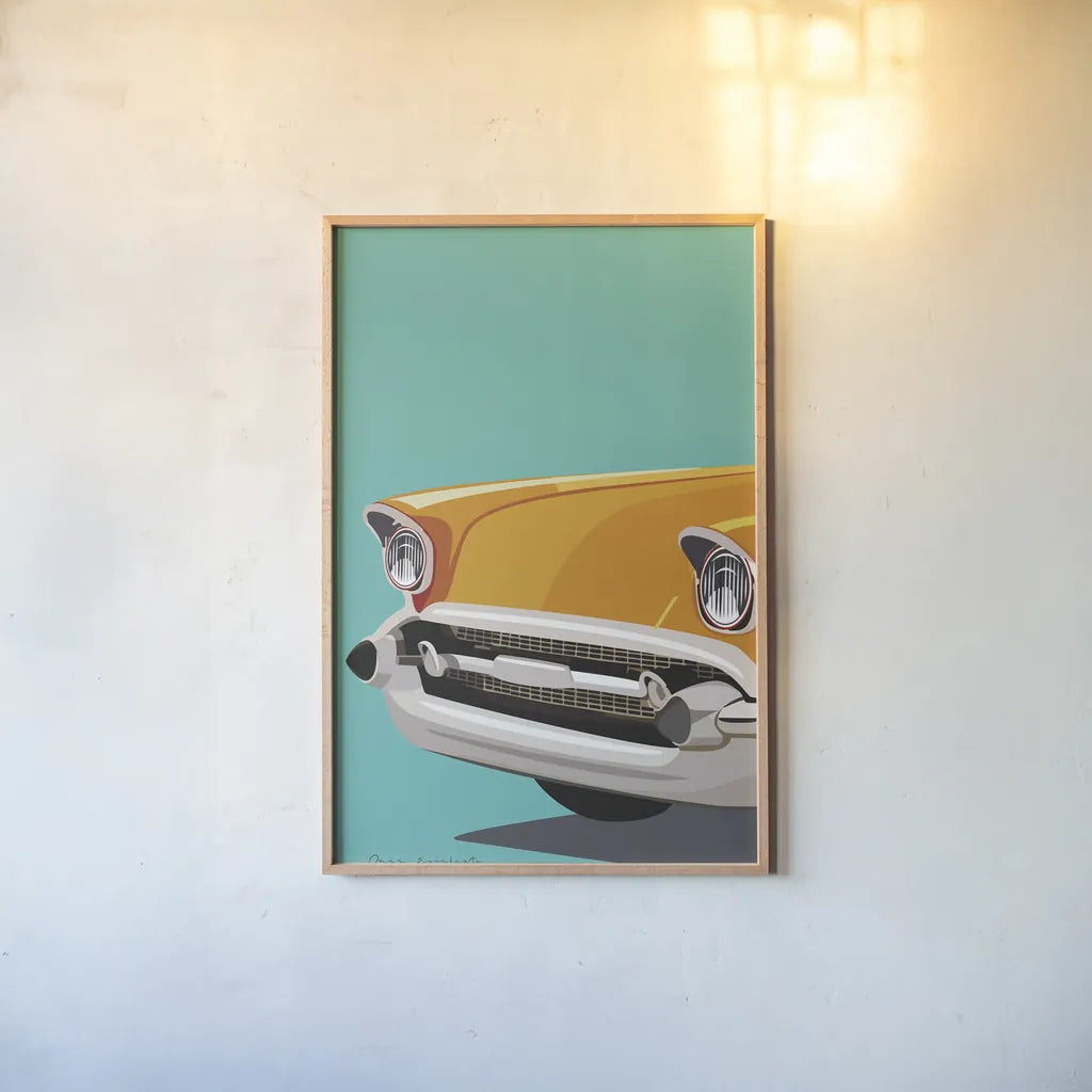 Vintage Car II by Omar Escalante. shown as a paper print in a natural frame. Available as a archival giclee rolled canvas, fine art paper, or poster print. SKU 66173h.