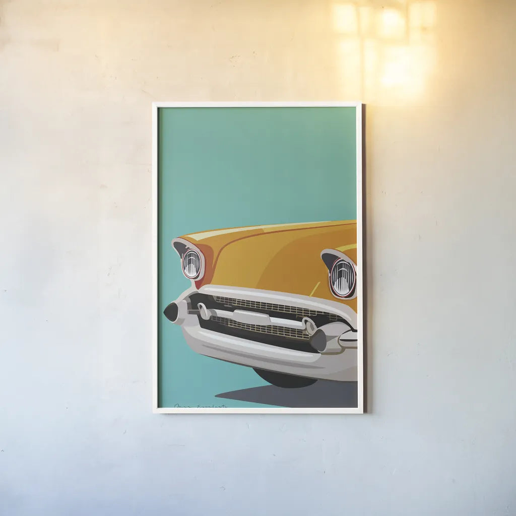 Vintage Car II by Omar Escalante. shown as a paper print in a white frame. Available as a archival giclee rolled canvas, fine art paper, or poster print. SKU 66173h.