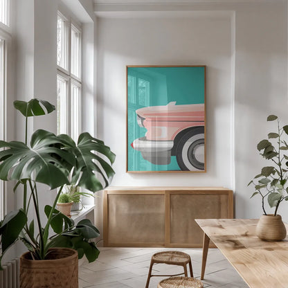 Vintage Car III by Omar Escalante. shown as a print in a natural wood frame in a dining room. Available as a archival giclee rolled canvas, fine art paper, or poster print. SKU 66174h.