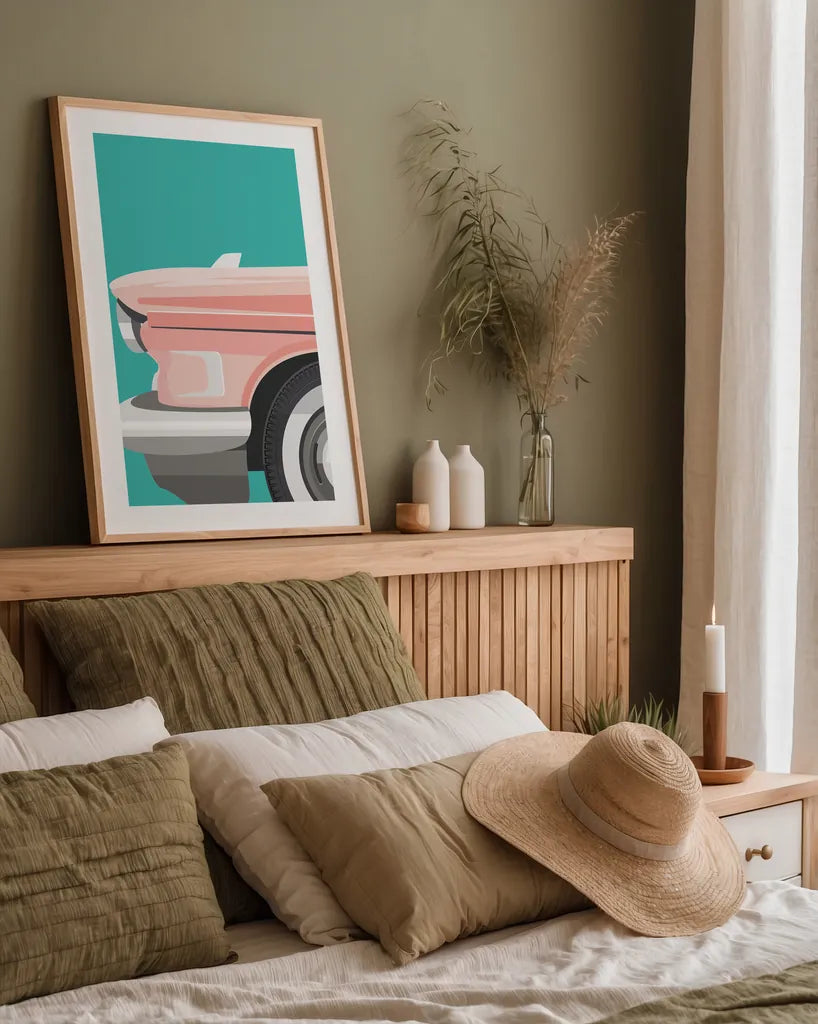 Vintage Car III by Omar Escalante. shown as a paper print in a natural frame. Available as a archival giclee rolled canvas, fine art paper, or poster print. SKU 66174h.