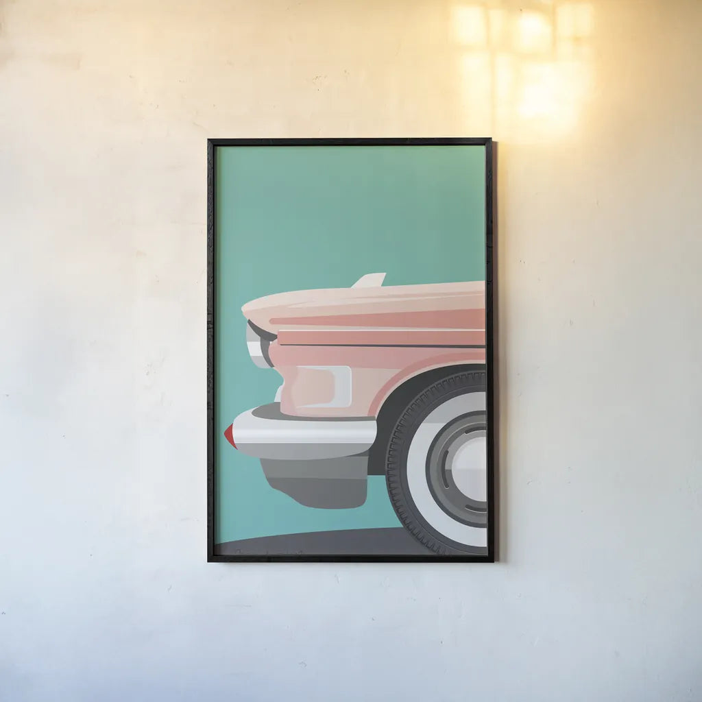 Vintage Car III by Omar Escalante. shown as a paper print in a black flame. Available as a archival giclee rolled canvas, fine art paper, or poster print. SKU 66174h.