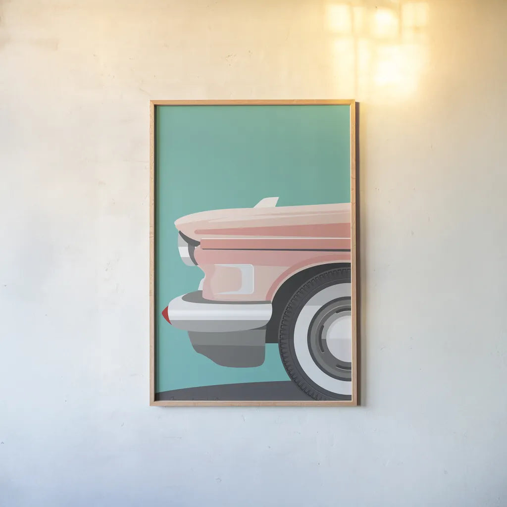 Vintage Car III by Omar Escalante. shown as a paper print in a natural frame. Available as a archival giclee rolled canvas, fine art paper, or poster print. SKU 66174h.