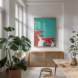 Vintage Car IV by Omar Escalante. shown as a print in a natural wood frame in a dining room. Available as a archival giclee rolled canvas, fine art paper, or poster print. SKU 66175h.