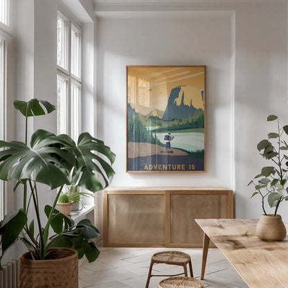 Wild Adventure III by Omar Escalante. shown as a print in a natural wood frame in a dining room. Available as a archival giclee rolled canvas, fine art paper, or poster print. SKU 77902h.