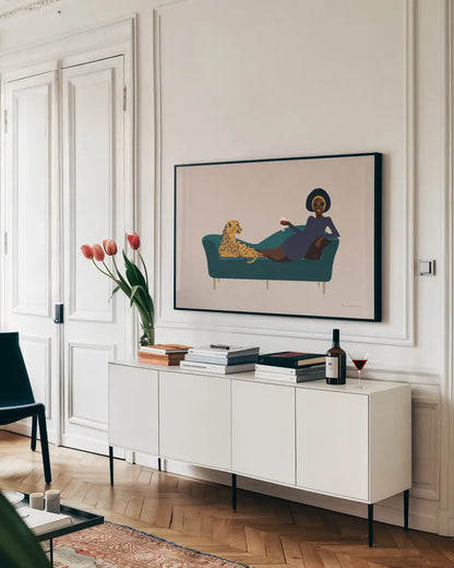 Wild Lounge I by Omar Escalante. shown as a framed stretched canvas in a living room above a console. Available as a archival giclee rolled canvas, fine art paper, or poster print. SKU 71787i.