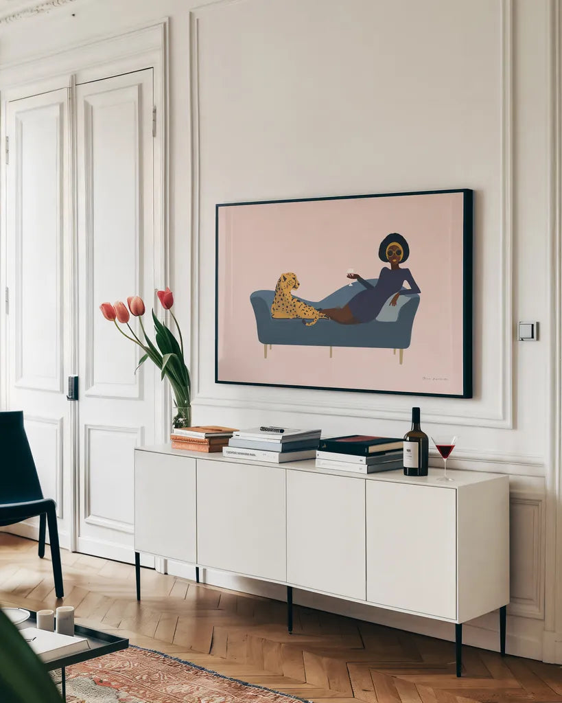Wild Lounge I Rose Pink by Omar Escalante. shown as a framed stretched canvas in a living room above a console. Available as a archival giclee rolled canvas, fine art paper, or poster print. SKU 77184i.