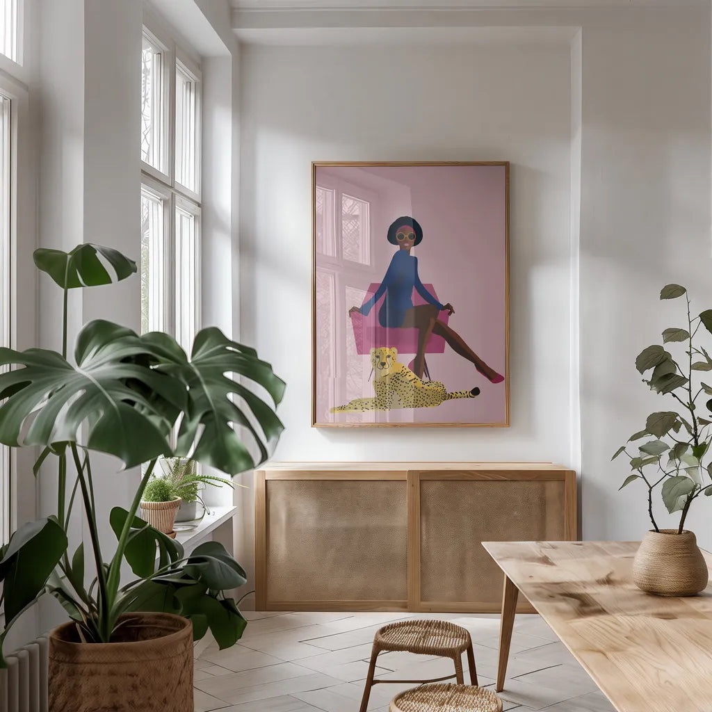 Wild Lounge II Grandeur by Omar Escalante. shown as a print in a natural wood frame in a dining room. Available as a archival giclee rolled canvas, fine art paper, or poster print. SKU 73199h.