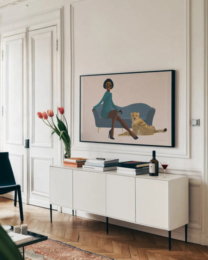 Wild Lounge III by Omar Escalante. shown as a framed stretched canvas in a living room above a console. Available as a archival giclee rolled canvas, fine art paper, or poster print. SKU 76813i.