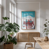 Winter Holiday by Omar Escalante. shown as a print in a natural wood frame in a dining room. Available as a archival giclee rolled canvas, fine art paper, or poster print. SKU 67454h.