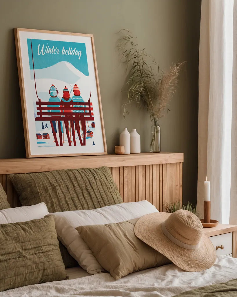 Winter Holiday by Omar Escalante. shown as a paper print in a natural frame. Available as a archival giclee rolled canvas, fine art paper, or poster print. SKU 67454h.