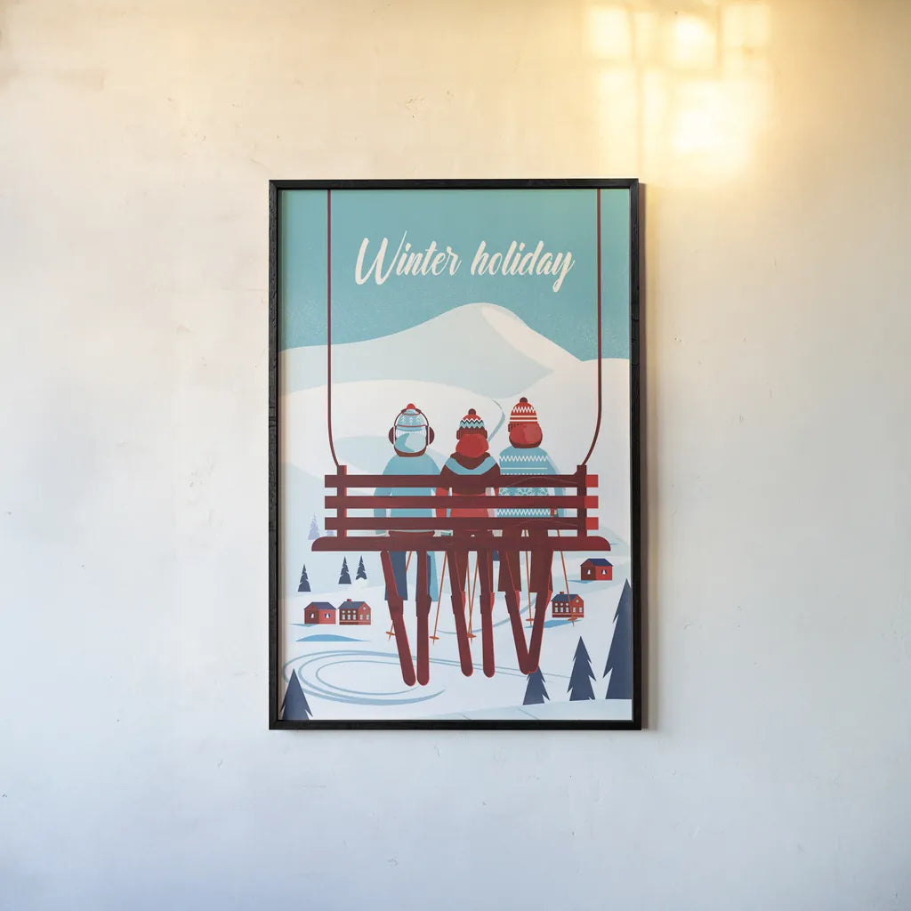 Winter Holiday by Omar Escalante. shown as a paper print in a black flame. Available as a archival giclee rolled canvas, fine art paper, or poster print. SKU 67454h.