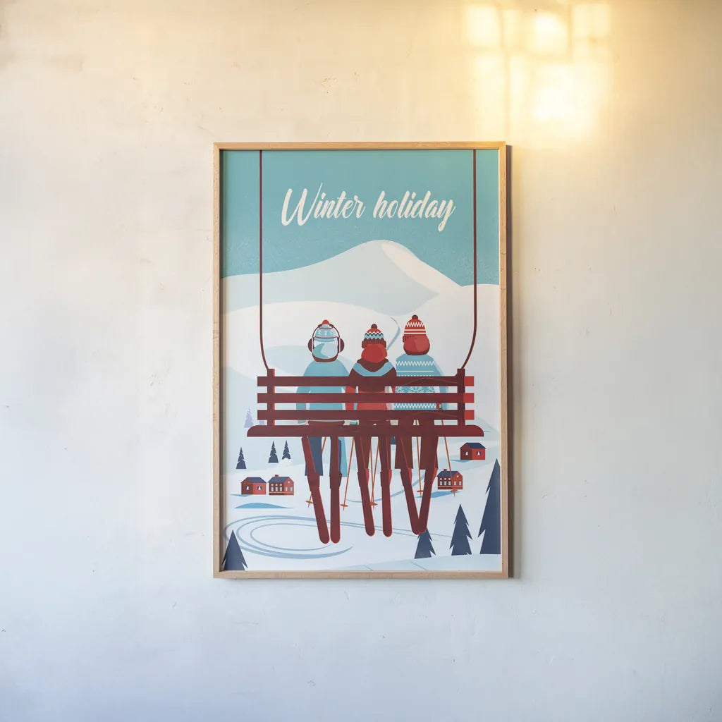 Winter Holiday by Omar Escalante. shown as a paper print in a natural frame. Available as a archival giclee rolled canvas, fine art paper, or poster print. SKU 67454h.