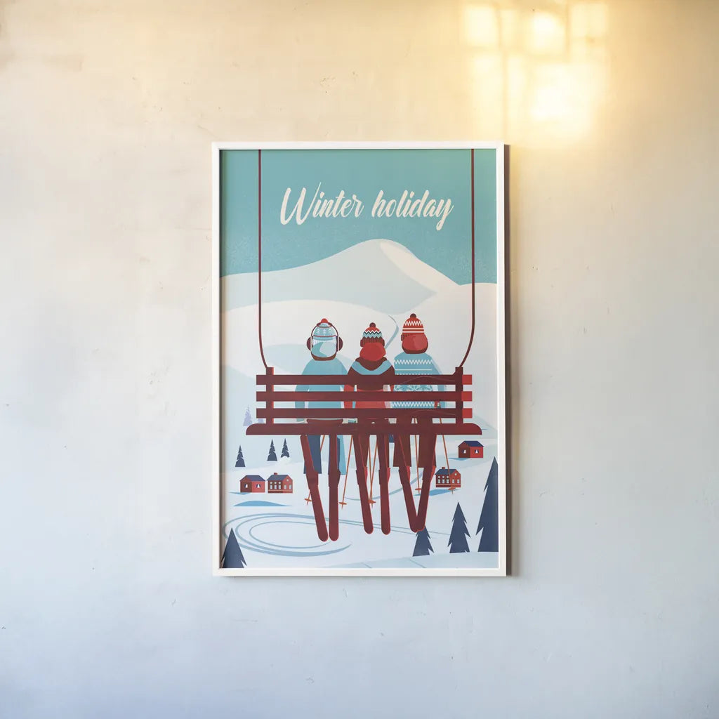 Winter Holiday by Omar Escalante. shown as a paper print in a white frame. Available as a archival giclee rolled canvas, fine art paper, or poster print. SKU 67454h.