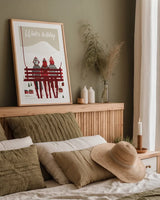 Winter Holiday Red by Omar Escalante. shown as a paper print in a natural frame. Available as a archival giclee rolled canvas, fine art paper, or poster print. SKU 68866h.