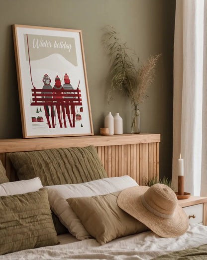 Winter Holiday Red by Omar Escalante. shown as a paper print in a natural frame. Available as a archival giclee rolled canvas, fine art paper, or poster print. SKU 68866h.