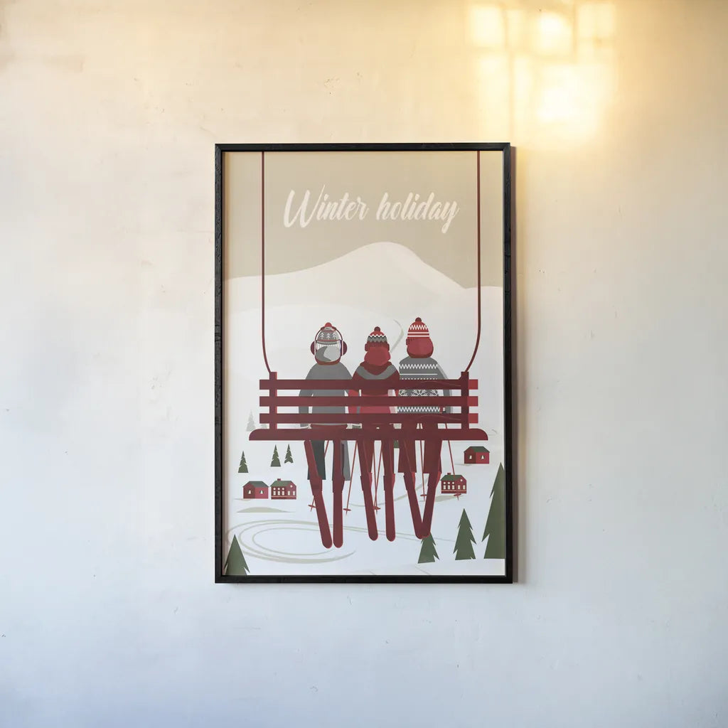 Winter Holiday Red by Omar Escalante. shown as a paper print in a black flame. Available as a archival giclee rolled canvas, fine art paper, or poster print. SKU 68866h.