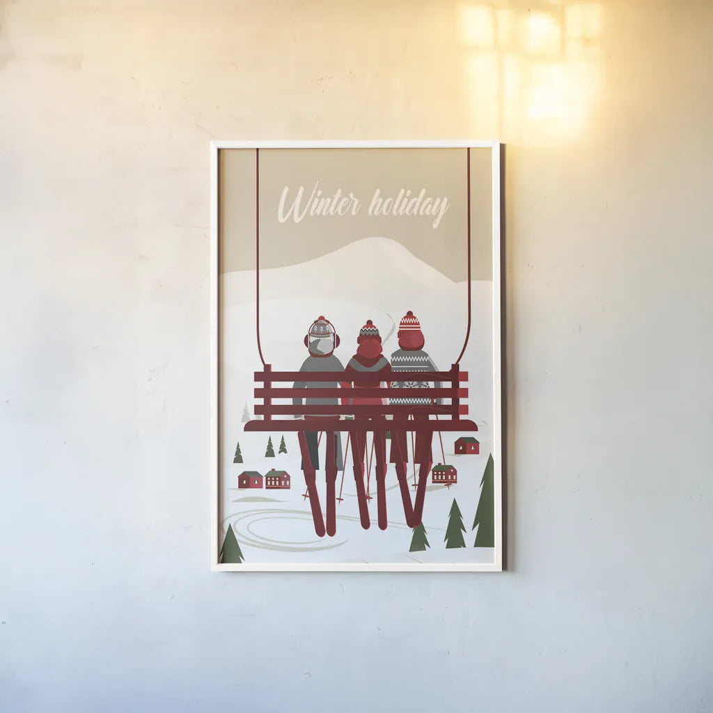 Winter Holiday Red by Omar Escalante. shown as a paper print in a white frame. Available as a archival giclee rolled canvas, fine art paper, or poster print. SKU 68866h.