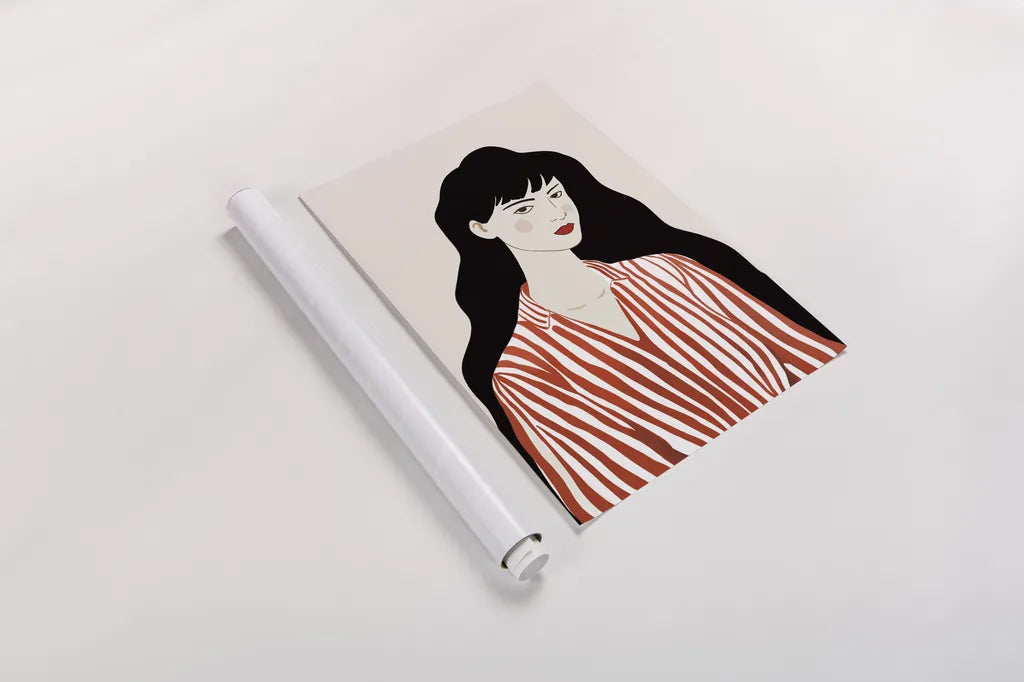 Woman in Striped Blouse I by Omar Escalante. shown as a rolled paper print. Available as archival giclee rolled canvas, fine art paper, or poster print. SKU 98857h.
