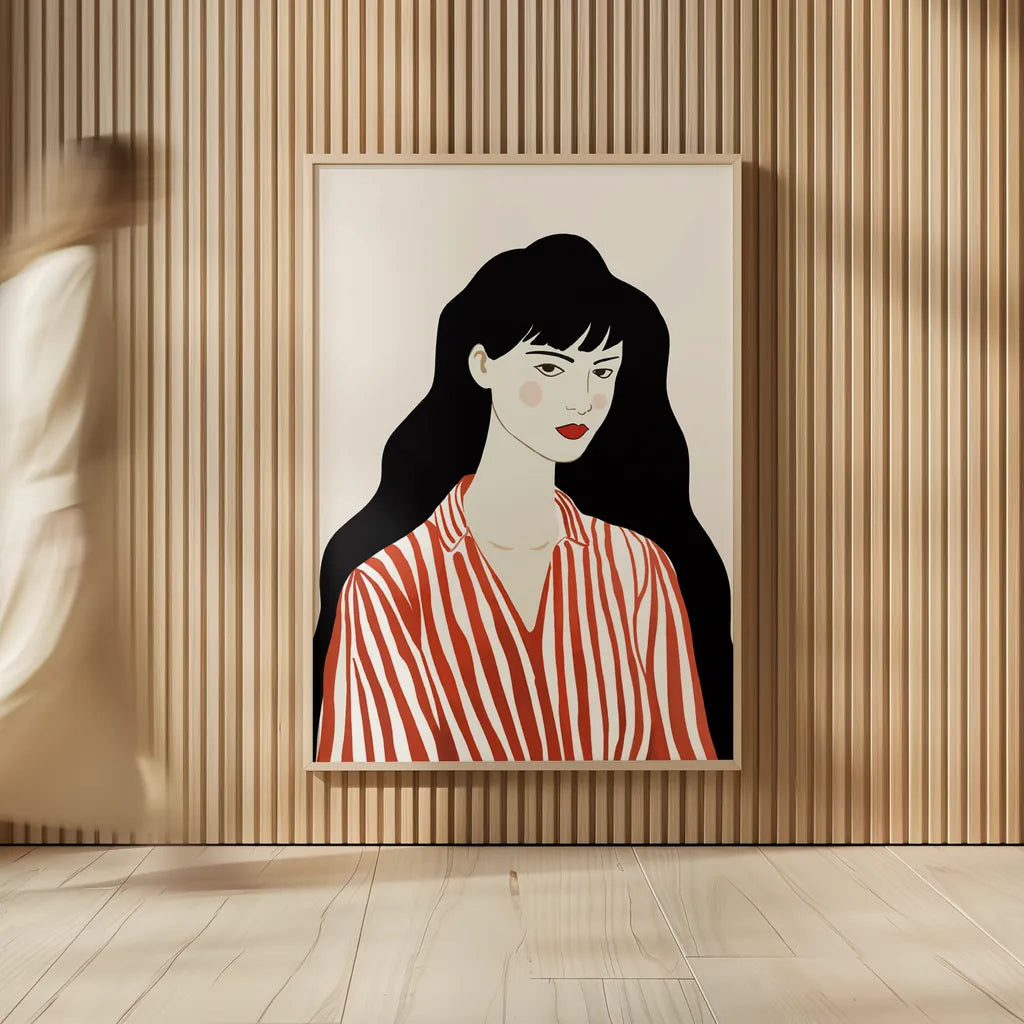 Woman in Striped Blouse I by Omar Escalante. shown as over sized large wall art. Available as an archival giclee rolled canvas, fine art paper, or poster print. SKU 98857h.