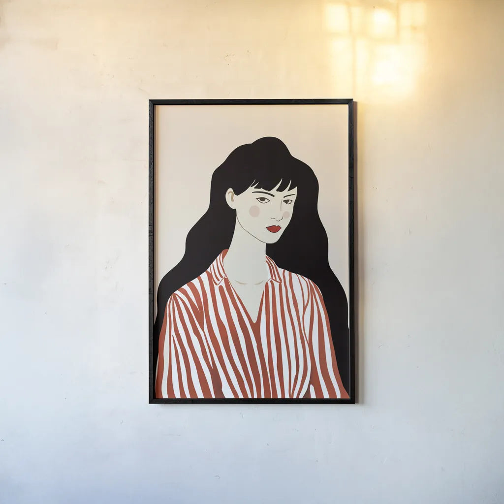 Woman in Striped Blouse I by Omar Escalante. shown as a paper print in a black flame. Available as a archival giclee rolled canvas, fine art paper, or poster print. SKU 98857h.