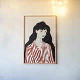 Woman in Striped Blouse I by Omar Escalante. shown as a paper print in a natural frame. Available as a archival giclee rolled canvas, fine art paper, or poster print. SKU 98857h.